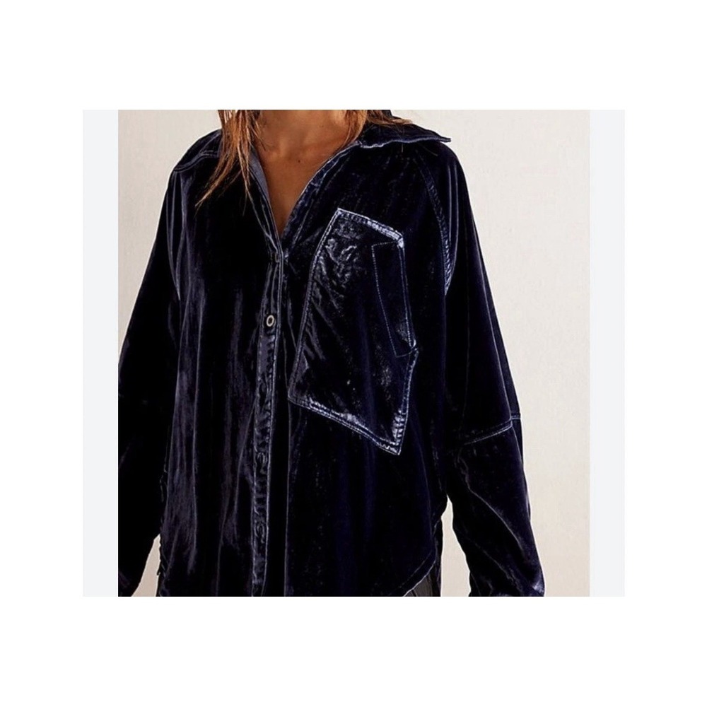 We The Free Night Skies Velvet Blouse Oversized Navy Women's Size Extra Small